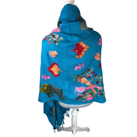 LA LO LA- Vibrant Blue embroidered Shawl with tassels-  80x30" preowned birds - Picture 8 of 9